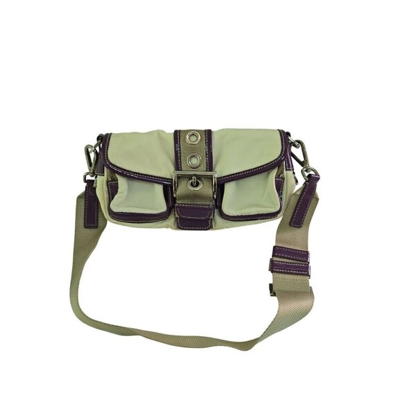 Prada Vintage Tessuto Beige Cloth Rare Purple Patent Leather Trim Crossbody Bag